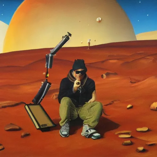 Prompt: vanilla ice eating mars bars on mars in style of jackson pollack painting