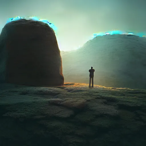 Prompt: a man standing in front of a giant rock, a matte painting by mike winkelmann, cgsociety, fantasy art, matte painting, matte drawing, cryengine