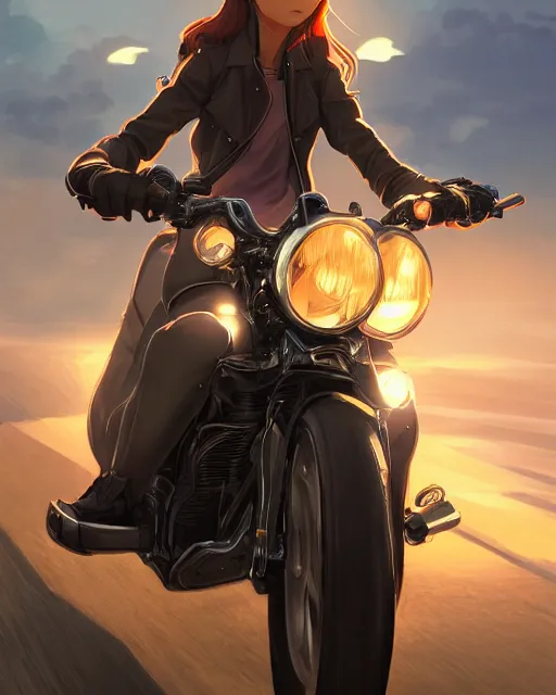 Prompt: a girl joyriding a on a motorcycle, full shot, atmospheric lighting, detailed face, by makoto shinkai, stanley artgerm lau, wlop, rossdraws