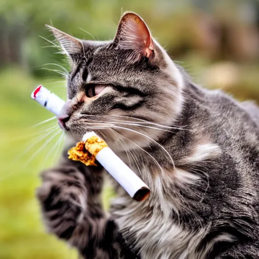 Prompt: A disheveled cat smoking several cigarettes at once. Several cigarettes in the cat's mouth. Taken with my Nikon