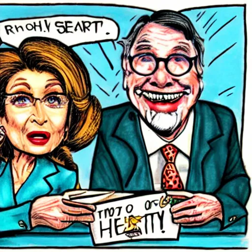 Image similar to The Artwork of R. Crumb and his Cheap Suit Mitch McConnell and Nancy Pelosi, pencil and colored marker artwork, trailer-trash lifestyle