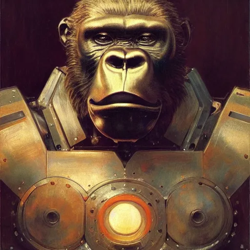 Image similar to highly detailed portrait of an humanoid robotic gorilla mecha, painting by gaston bussiere, craig mullins, j. c. leyendecker, lights, art by ernst haeckel, john william godward, hammershøi,