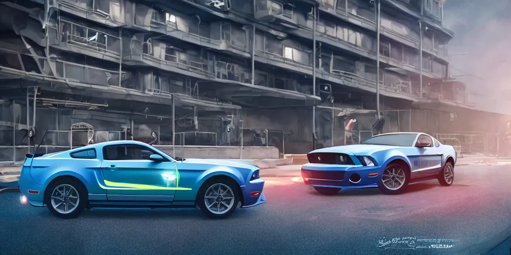 Prompt: a wholesome animation key shot of a focused ford mustang car parked in an multi-storey car park, medium shot, waist up, studio Ghibli, Pixar and Disney animation, sharp, very detailed, high resolution, Rendered in Unreal Engine 5, anime key art by Greg Rutkowski, Bloom, dramatic lighting