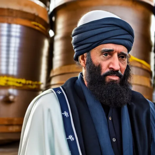 Image similar to 4 k portrait sony a 7 f 2. 8 of president joe biden as a muslim taliban terrorist leader standing surrounded by oil barrels