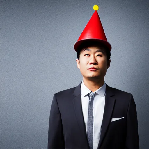 Prompt: asian man in suit distraught wearing birthday hat, office, realistic photo, studio lighting, wide angle dynamic portrait