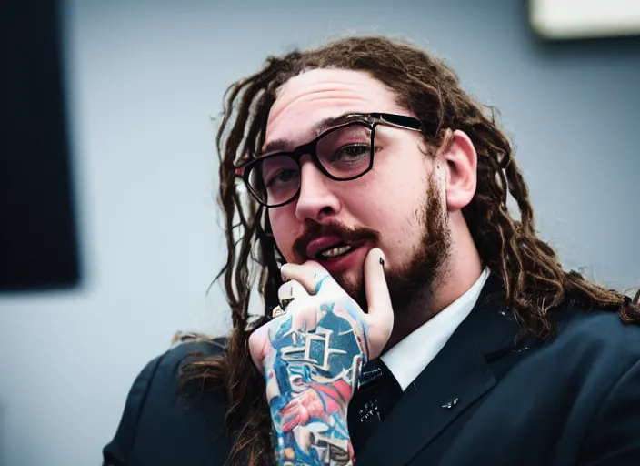 Image similar to dslr photo still of post malone as a stock broker, 8 k, 8 5 mm f 1 6