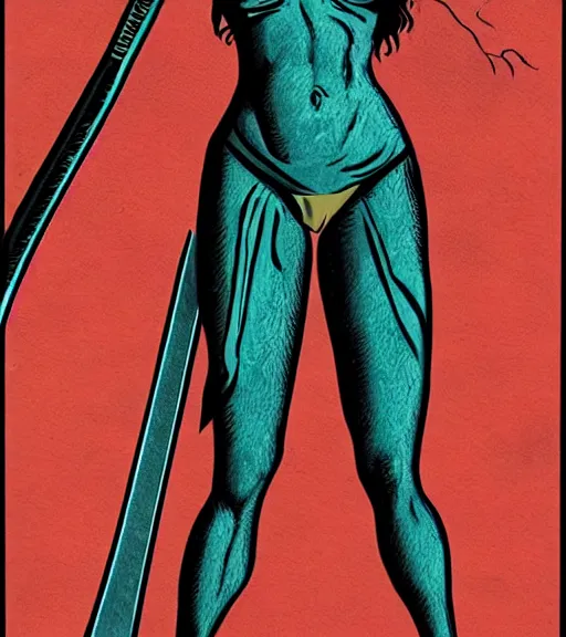 Image similar to 1 9 8 0 s fantasy novel book cover, amazonian taylor swift in extremely tight bikini armor wielding a cartoonishly large sword, exaggerated body features, dark and smoky background, low quality print