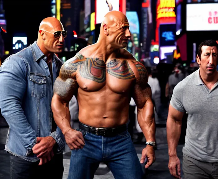 Image similar to dwayne the rock johnson and Adam Sandler on Methamphetamine at Times Square, photograph by Alfred Eisenstaedt, 4K, dramatic lighting; high energy; Full mood; 4K 8K