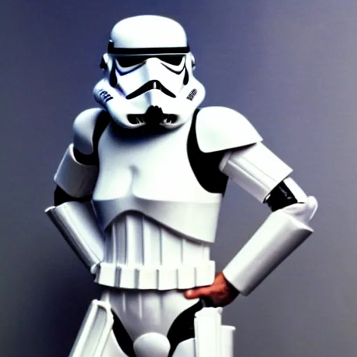 Image similar to female supermodel with stormtrooper helmet and white bikini, style of 8 0 s movie poster