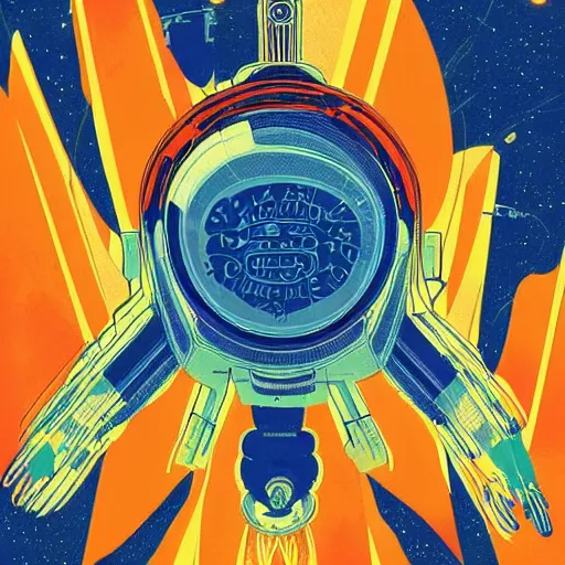 Image similar to blue rocket in space, orange fruit as a planet, intricate sci-fi poster by Denis Villeneuve