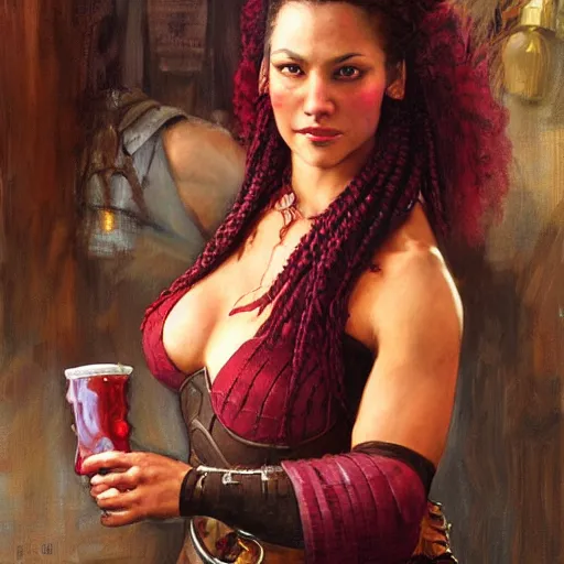 Prompt: a medieval bartender woman with polynesian ethnicity and an inviting smirk, burgundy color scheme, large mohawk braid, fantasy character portrait by gaston bussiere craig mullins