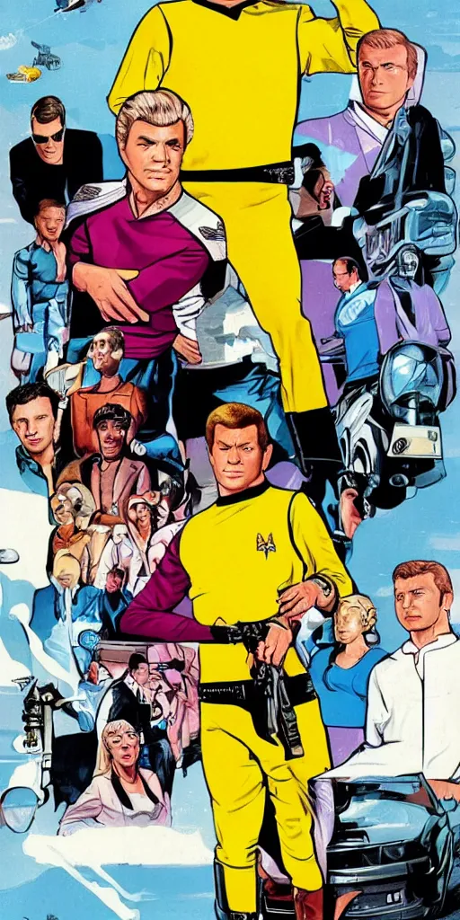 Image similar to captain kirk like a GTA poster