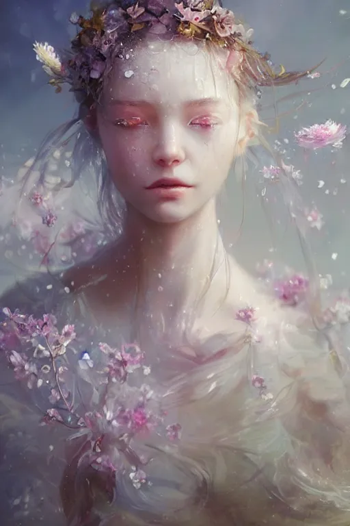 Prompt: face closeup a young beautiful girl drowned in water exploding into flowers, wearing crystal white feathers, 3 d render, hyper realistic detailed portrait, holding magic flowers, ruan jia, wlop. scifi, fantasy, hyper detailed, octane render, concept art, by peter mohrbacher, by wlop, by ruan jia