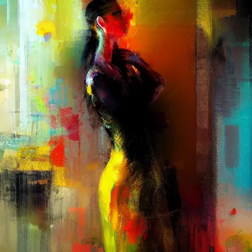 Image similar to abstract painting of woman in bright colour by jeremy mann