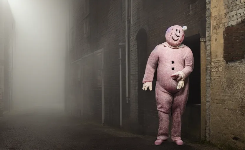 Prompt: mr blobby and noel edmonds waiting for you in a dark alleyway at night, creepy, foggy, silent hill