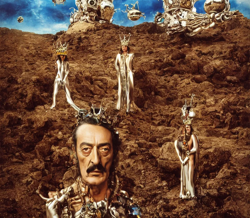 Image similar to portrait of salvador dali wearing a crown and costume with jewels in a dry rocky desert landscape, visible sky and sunny atmosphere, alien spaceship by giger, film still from the movie by alejandro jodorowsky with cinematogrophy of christopher doyle and art direction by hans giger, anamorphic lens, kodakchrome, very detailed photo, 8 k