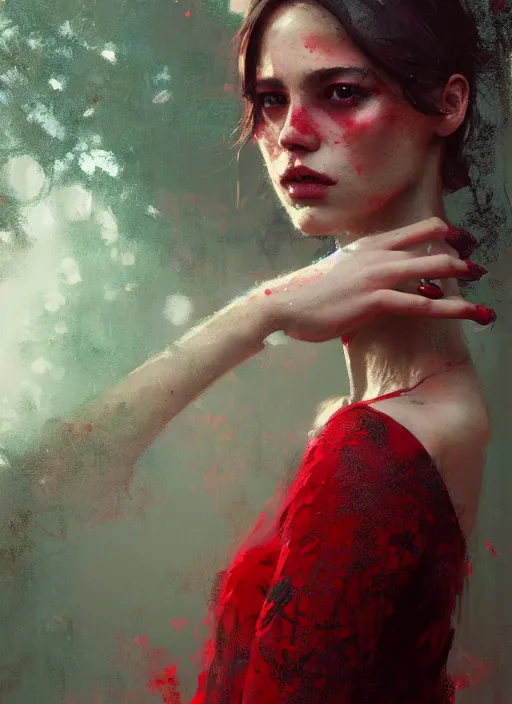 Prompt: outdoor portrait of a beautiful girl, shades of red and green, beautiful face, rule of thirds, intricate outfit, spotlight, by greg rutkowski, by jeremy mann, digital painting