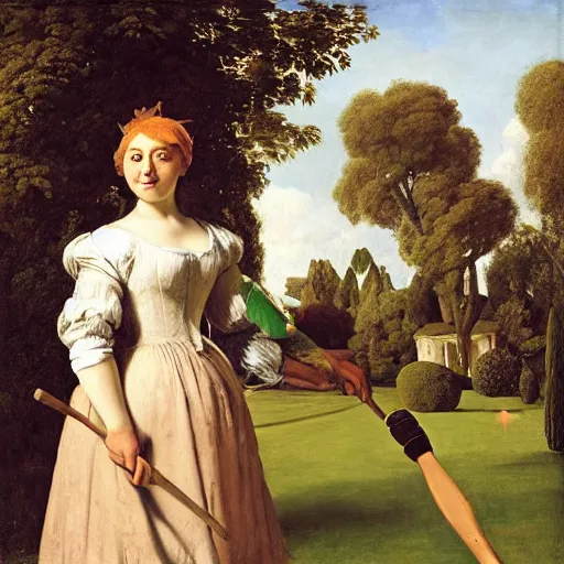 Image similar to doja cat playing croquet in the garden, happy expression, smiling, beautiful symmetrical face, holding a croquet mallet, rule of thirds, golden ratio, oil on canvas, highly detailed, warm color scheme, soft lighting, sharp focus, adelaide labille - guiard, artemisia gentileschi