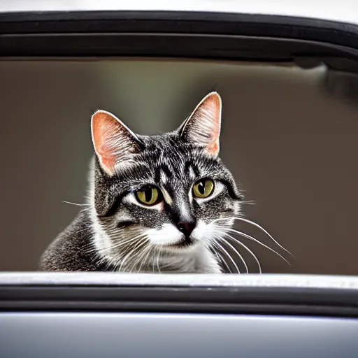 Prompt: photo cat of which lying on the car