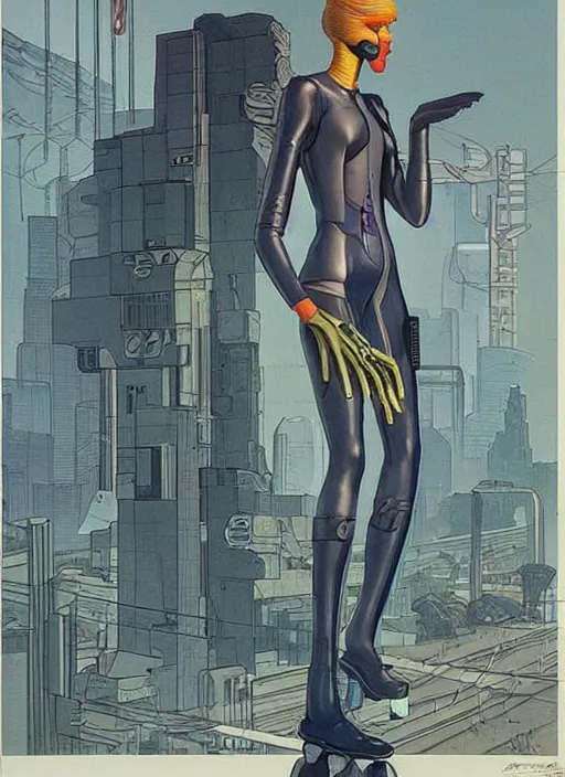 Image similar to cyberpunk traffic cop on stilts. distopian. portrait by mœbius and will eisner and gil elvgren and pixar. realistic proportions. cyberpunk 2 0 7 7, apex, blade runner 2 0 4 9 concept art. cel shading. attractive face. thick lines.