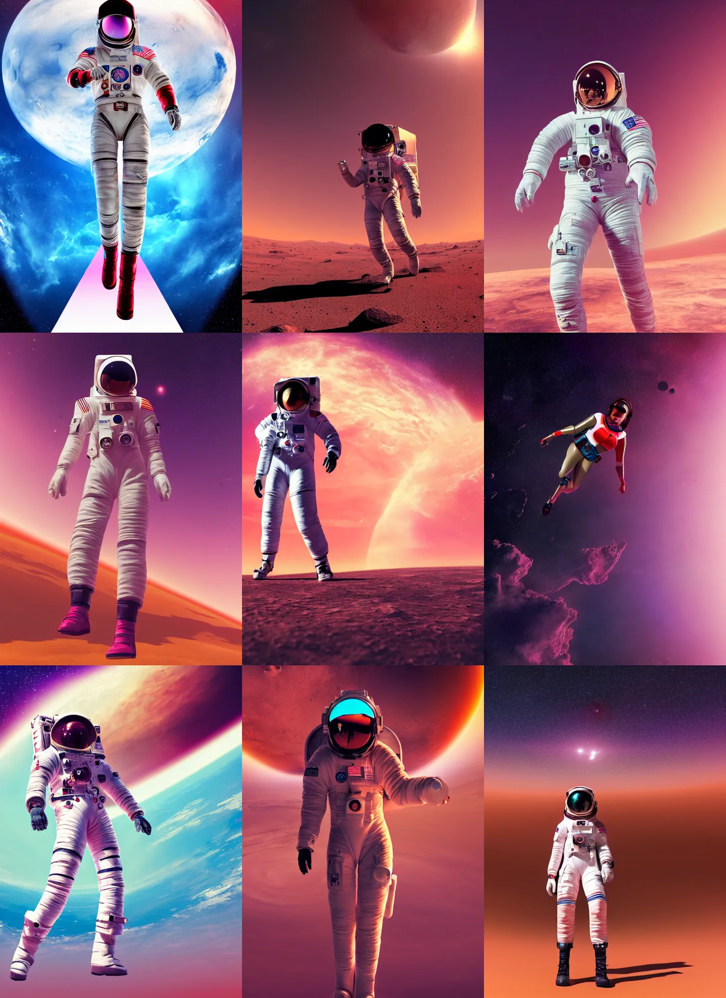 Prompt: A wide angle shot from below of a female astronaut with an athletic feminine body walking with swagger towards camera on mars in an infinite universe , synthwave digital art