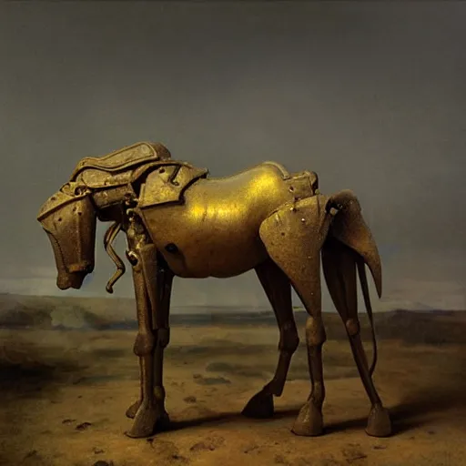 Prompt: eyeless,sleek cybernetic grayhound horse, dolphin head, four legs , facing left, metal plates on haunches and neck ::4 alien desert landscape with two bright suns :: photorealistic study by Rembrandt and Barlowe