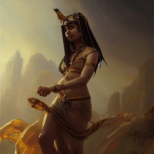 Prompt: a dramatic epic ethereal portrait of Cleopatra, full body with dynamic pose, female, detailed face, cinematic lighting, highly detailed oil on canvas painting by Greg Rutkowski, winning-award digital art trending on Artstation H 1024 W 832
