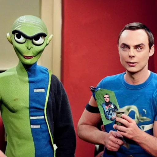 Image similar to paul the alien with sheldon cooper