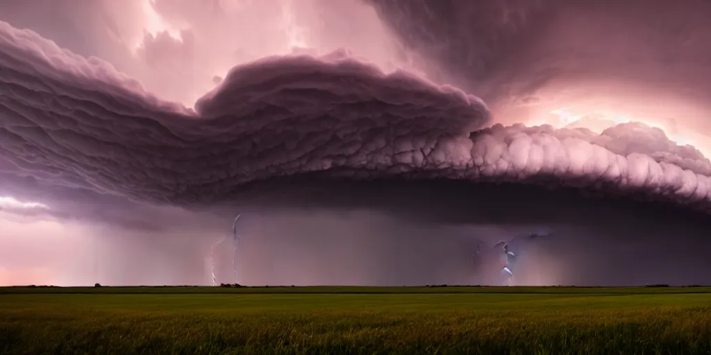 Prompt: a supercell storm dark and brooding far away in the distance, open farming fields the foreground during sunset, storm of all storms, end of the world, nature, cinematic, hyperrealistic, evil, dark, cgsociety, 8 k, by stephen king