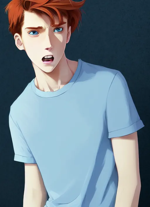 Image similar to portrait of a teen boy with completely straight auburn hair, light blue eyes, pale skin, freckles, sad expression, t - shirt, modern casual clothing, natural lighting, path traced, highly detailed, high quality, cartoon, digital painting, by don bluth and ross tran and studio ghibli