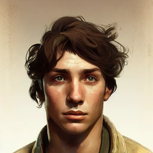 Prompt: Half portrait of a young man with long brown hair as a homeless character in Fallout 4 walking in Boston City, gorgeous, beautiful, intricate, highly detailed, digital painting, artstation, oppressive lighting, concept art, sharp focus, illustration, art by greg rutkowski and alphonse mucha