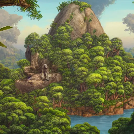 Prompt: painting of a small jungle island viewed from afar with a large rock formation in the shape of a gorillas head taking up the majority of the island, trending on artstation