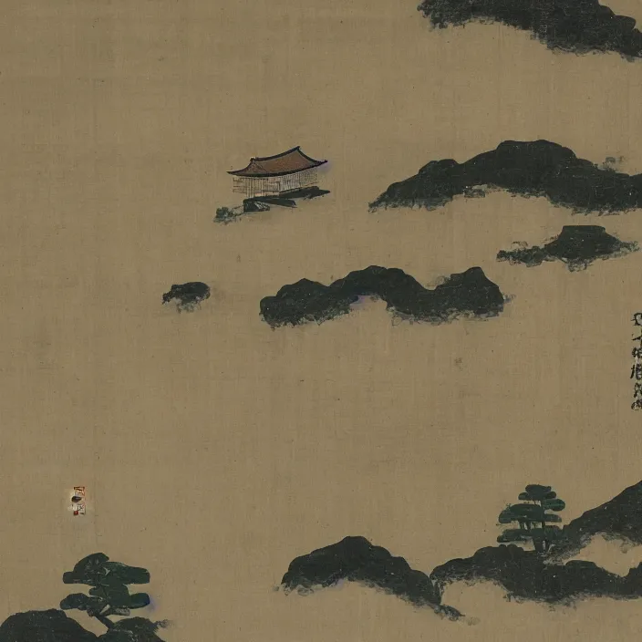 Image similar to a building in a serene landscape, ancient japanese painting