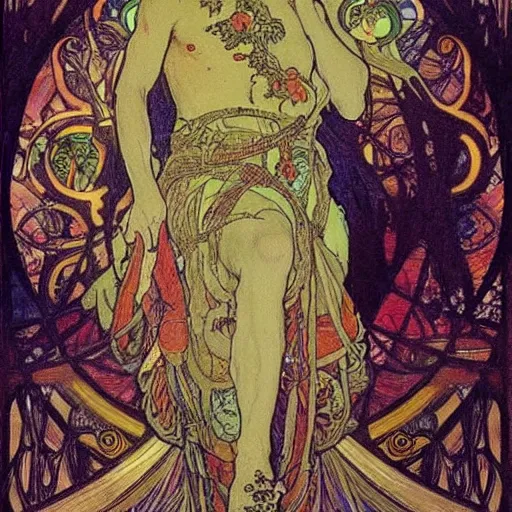 Image similar to the forest king, painted by alfons mucha