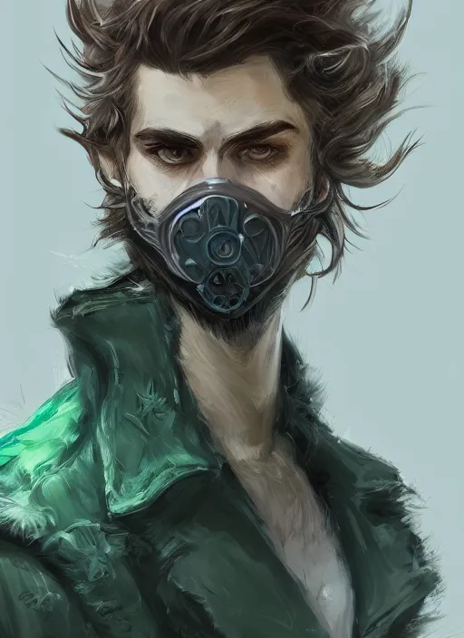 Image similar to a highly detailed illustration of young thick wavy messy haired guy wearing mechanical green face mask and brown noir coat, dramatic bored expression, intricate, elegant, highly detailed, centered, digital painting, artstation, concept art, smooth, sharp focus, league of legends concept art, wlop