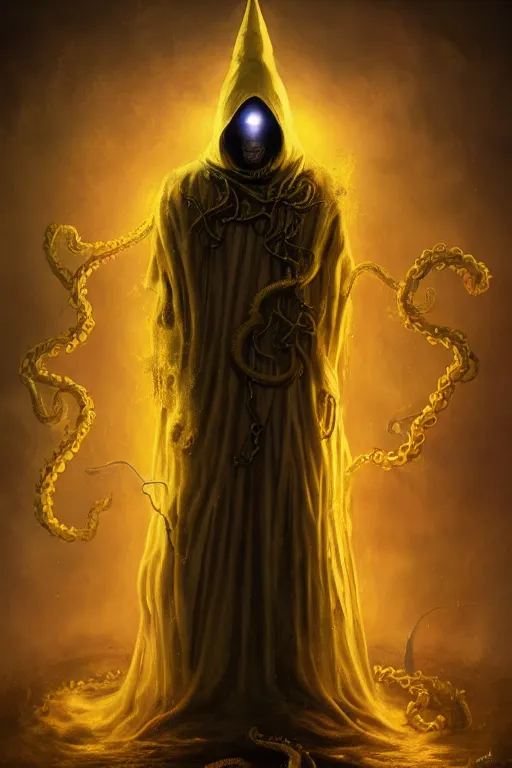 Prompt: A full body portrait of a mysterious character with no face with a very long hooded yellow cloak, a golden crown floating above his head tentacles coming out the ground art by John J. Park, and Shaddy Safadi, ominous, cosmic horror, trending on artstation, Ultra detailed, hyper realistic 4k
