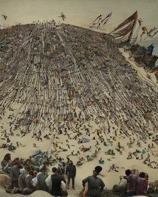Prompt: the gigantic unconscious body of lemuel gulliver lies on a beach surrounded by hundreds of tiny lilliputians, some standing on him. gulliver is being tied to the beach with hundreds of rope lines being held down by the lilliputians, the scene is cinematic and hyperreal, gulliver ’ s travels