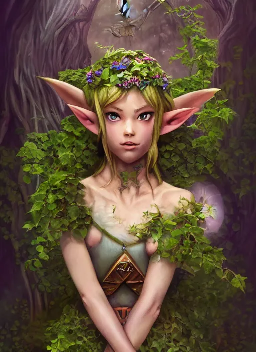 Image similar to beautiful full body portrait of the legend of Zelda ocarina of time great fairy, her body wrapped with ivy vines leaves and flowers, dark fantasy esoteric, D&D, fantasy, cinematic lighting, intricate, elegant, highly detailed, digital painting, artstation, concept art, matte, sharp focus, illustration, art by Artgerm and Tom Bagshaw and Greg Rutkowski and Alphonse Mucha