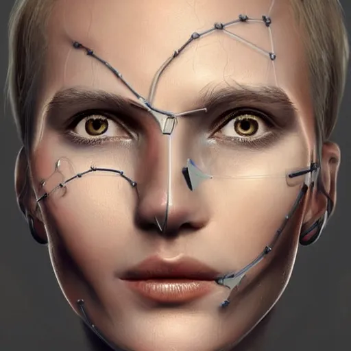 Image similar to A detailed, super sharp, no blur, top-rated digital painting of a human face, highly realistic and lifelike, with a bionic / cybernetic implants, by an award winning artist on deviantart, pixiv or artstation