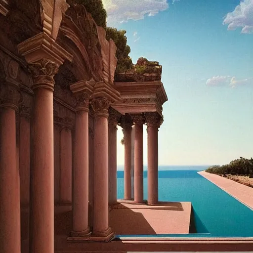 Image similar to David Ligare masterpiece, hyperrealistic surrealism, award winning masterpiece with incredible details, epic stunning, infinity pool, a surreal vaporwave liminal space, highly detailed, trending on ArtStation, broken giant marble head statue ruins, calming, meditative, pink arches, flowing silk sheets, geometric liminal space, palm trees, very vaporwave, very very surreal, sharp details, artgerm and greg rutkowski and alphonse mucha, daily deviation, IAMAG