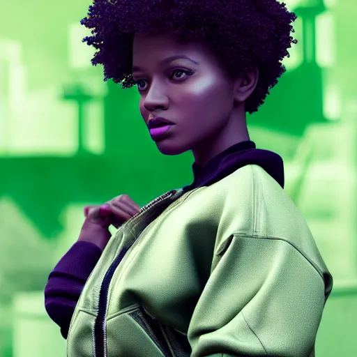 Prompt: black woman, hairstyle = short bob, hair colour = grey, eyes = purple, wearing dark green bomber jacket, realistic 4 k octane beautifully detailed render, 4 k post - processing, highly detailed, intricate complexity, epic composition, magical atmosphere, cinematic lighting, masterpiece, ultra hd