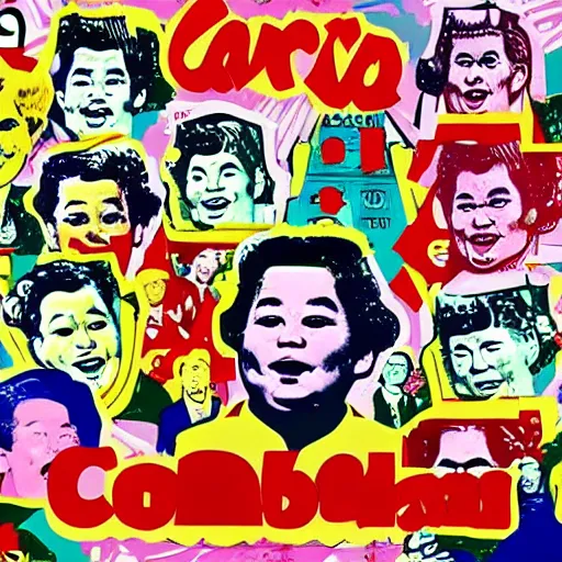 Image similar to a communist revolution in Candy Land, 1960s illustration, high quality, collage in the style of Chinese Propaganda and Andy Warhol, album cover