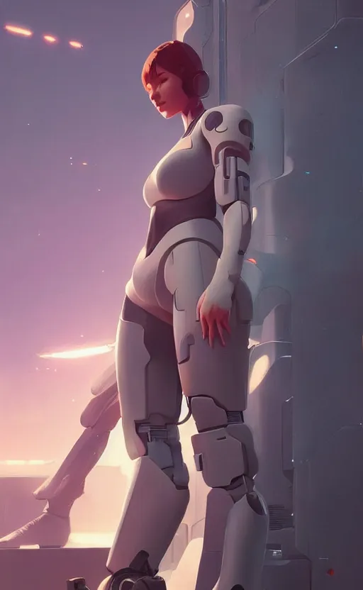 Image similar to sci fi female character, muted colored bodysuit, sci-fi large mech boots that go up to the thigh, thick mechanical leg accessory, soft lighting, wojtek fus, by Makoto Shinkai and Ilya Kuvshinov,