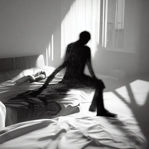 Prompt: a shadow figure standing in front of the bed while a person sleeps in it, volumetric lighting, 8 k octane beautifully detailed render, post - processing, extremely hyper - detailed, intricate, epic composition, cinematic lighting, masterpiece, trending on artstation, detailed detailed detailed, masterpiece, stunning art by anders zorn, wonderful masterpiece by greg rutkowski, beautiful cinematic light,