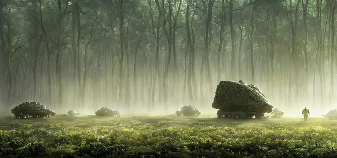 Prompt: military trucks surrounding a complex organic fractal 3 d metallic symbiotic ceramic humanoid megastructure creature in a swampy lush forest, foggy, sun rays, cinematic shot, photo still from movie by denis villeneuve, wayne barlowe