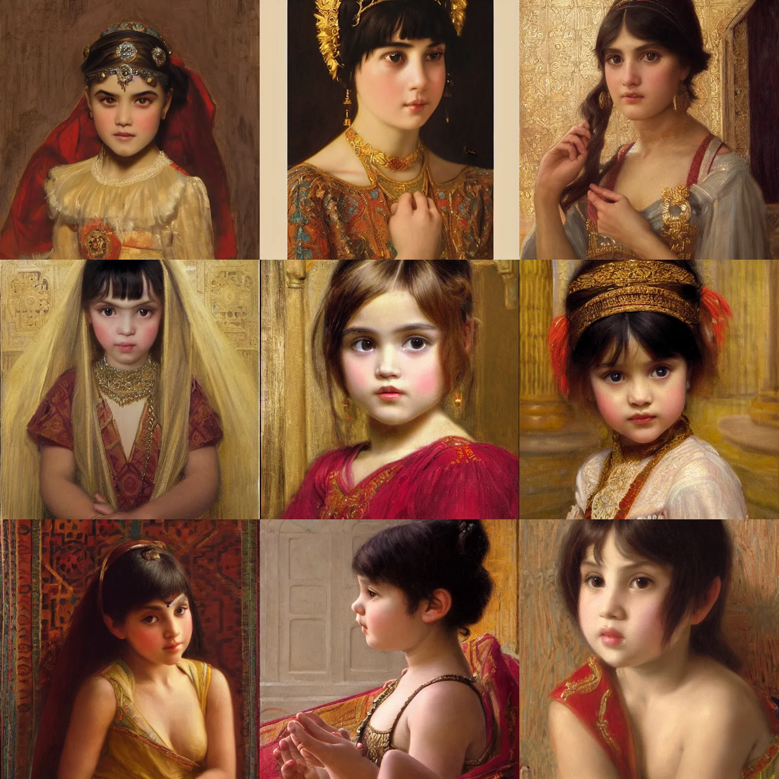 Prompt: orientalism face detail of a cute princess with bangs in a palace by edwin longsden long and theodore ralli and nasreddine dinet and adam styka, masterful intricate art. oil on canvas, excellent lighting, high detail 8 k