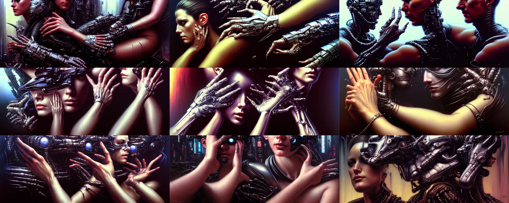 Prompt: human hand fantasy art portrait, ultra realistic, cinematic, wide angle, intricate details, cyberpunk style, blade runner artifacts, highly detailed by boris vallejo, caravaggio, aaron horkey, wayne barlowe, craig mullins, roberto ferri, hajime sorayama