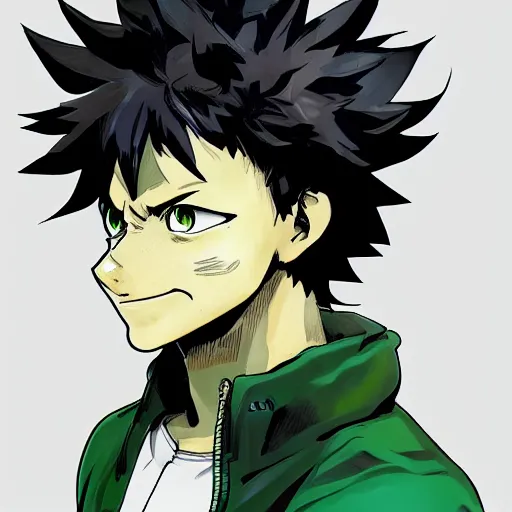 Image similar to Portrait of Izuku Midoriya from My Hero Academia, in the style of Yoji Shinkawa, trending on art station, concept art, highly detailed, dynamic pose