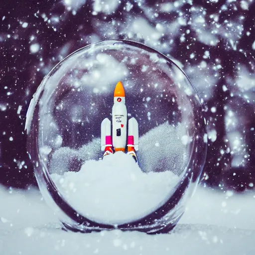 Image similar to a space rocket inside a snow globe, 3 5 mm, disposable film, lens blur, 8 k, realistic, dramatic backlighting