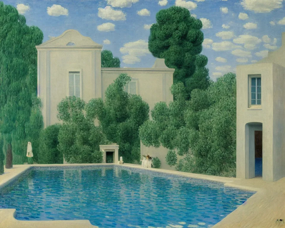 Image similar to achingly beautiful painting of a sophisticated, well - decorated, pueblo pool house by rene magritte, monet, and turner.